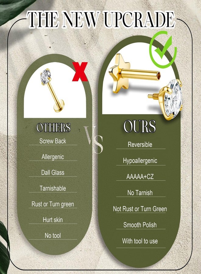 GEMQUEEN أقراط GEMQUEEN ذات ظهر مسطح، مضادة للحساسية - أقراط من الفولاذ المقاوم للصدأ مطلية بالذهب عيار 14، مقاس 18، مناسبة لثقب الغضروف، الحلزون، الزنمة، الصدفة، ميدوسا، مجوهرات ثقب صغيرة للشفة والأنف، مناسبة للنساء والرجال، قابلة للعكس - Image 4